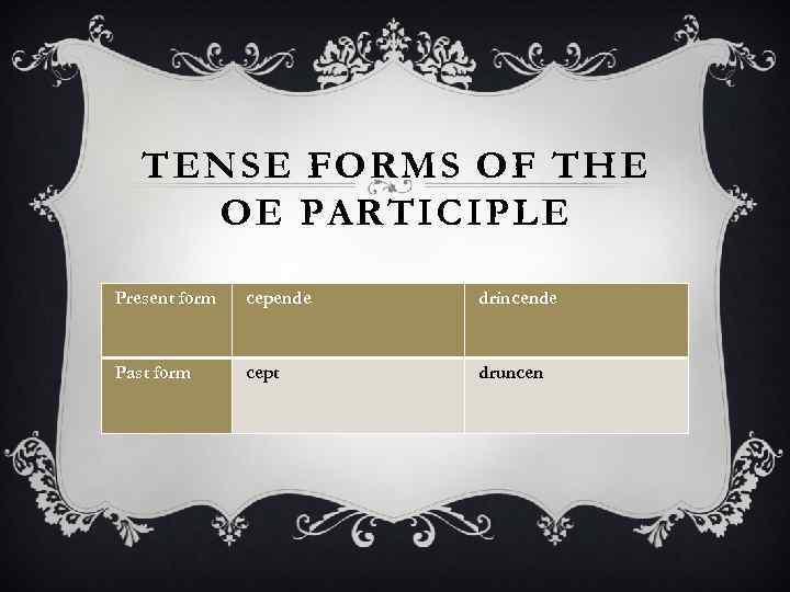 TENSE FORMS OF THE OE PARTICIPLE Present form cepende drincende Past form cept druncen