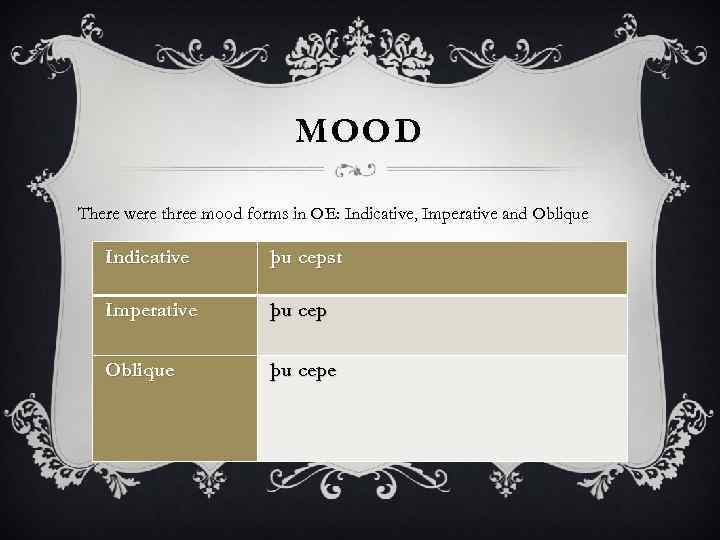 MOOD There were three mood forms in OE: Indicative, Imperative and Oblique Indicative þu