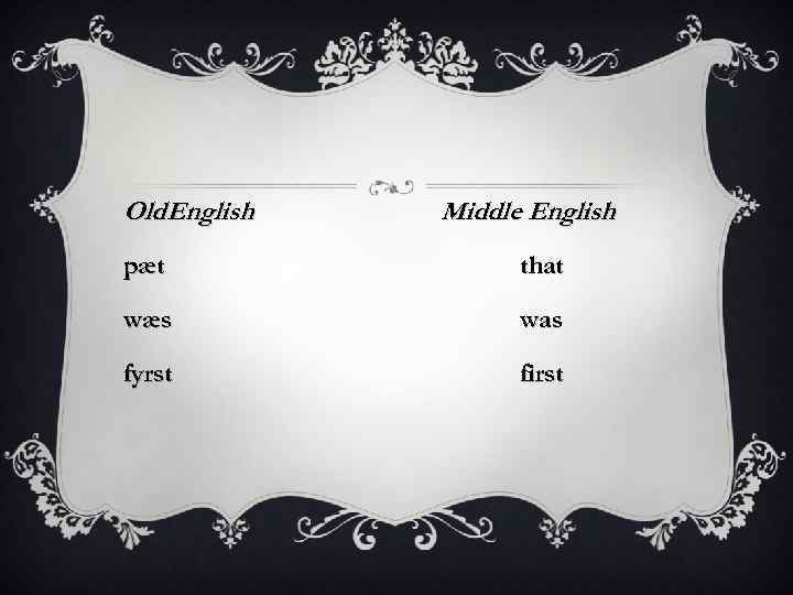 Old. English Middle English pæt that wæs was fyrst first 