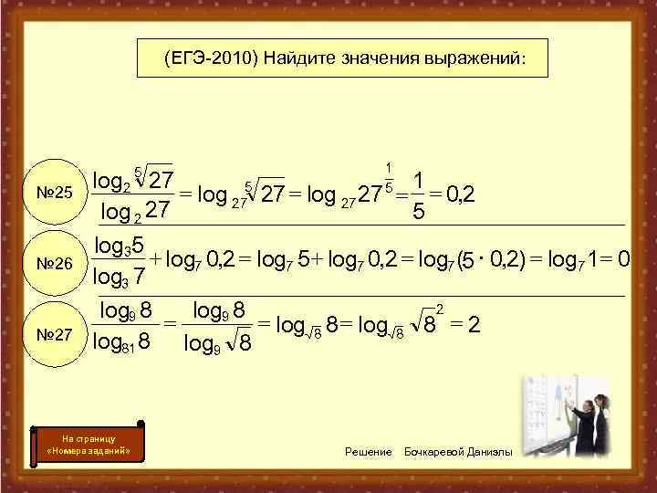 (ЕГЭ-2010) Найдите значения выражений: 5 № 26 № 27 1 log 2 27 1