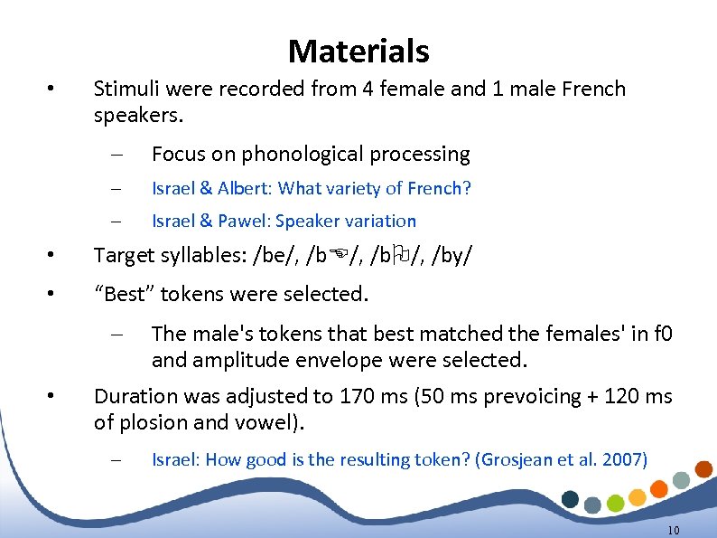 Materials • Stimuli were recorded from 4 female and 1 male French speakers. –