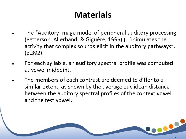 Materials The “Auditory Image model of peripheral auditory processing (Patterson, Allerhand, & Giguère, 1995)