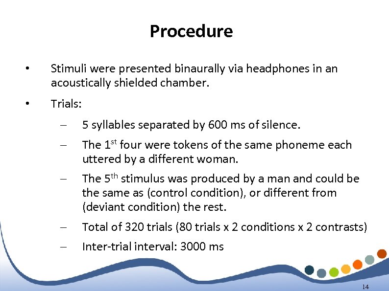 Procedure • Stimuli were presented binaurally via headphones in an acoustically shielded chamber. •