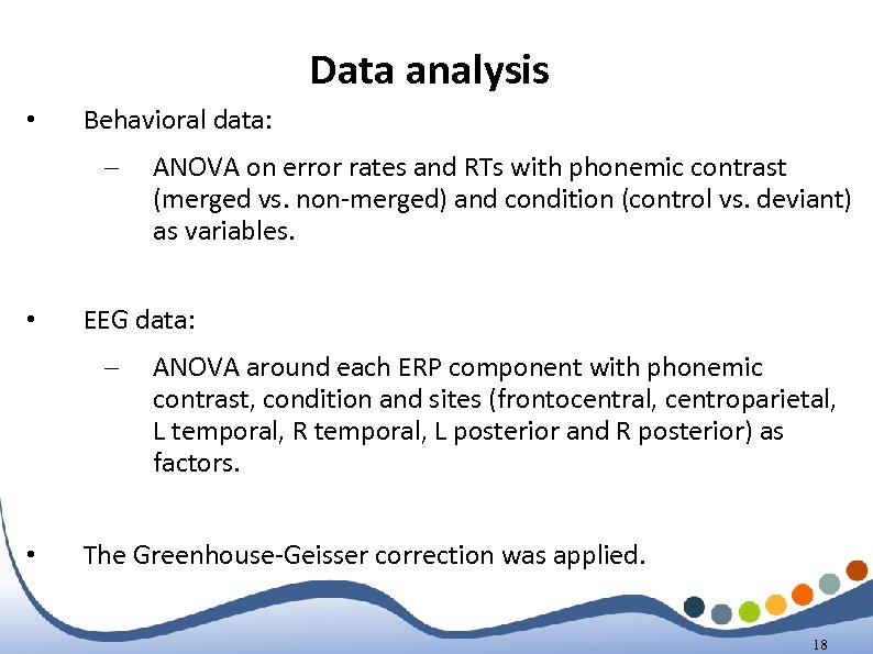 Data analysis • Behavioral data: – • EEG data: – • ANOVA on error