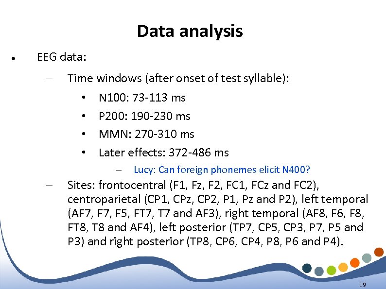 Data analysis EEG data: – Time windows (after onset of test syllable): • •