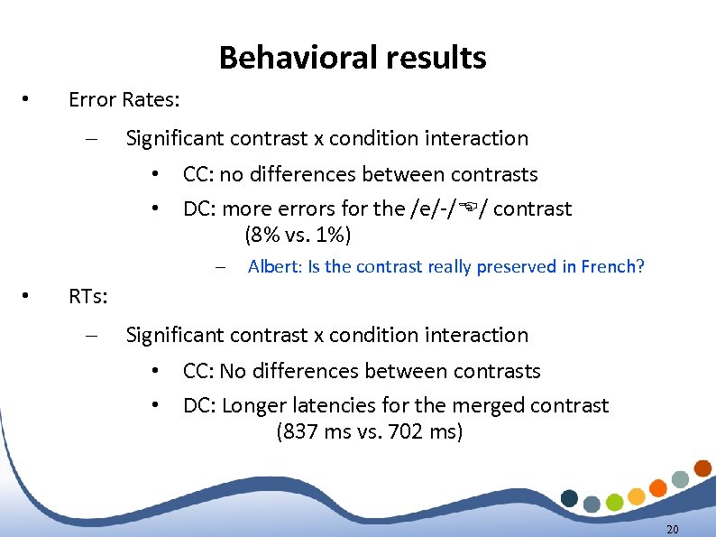 Behavioral results • Error Rates: – Significant contrast x condition interaction • • CC: