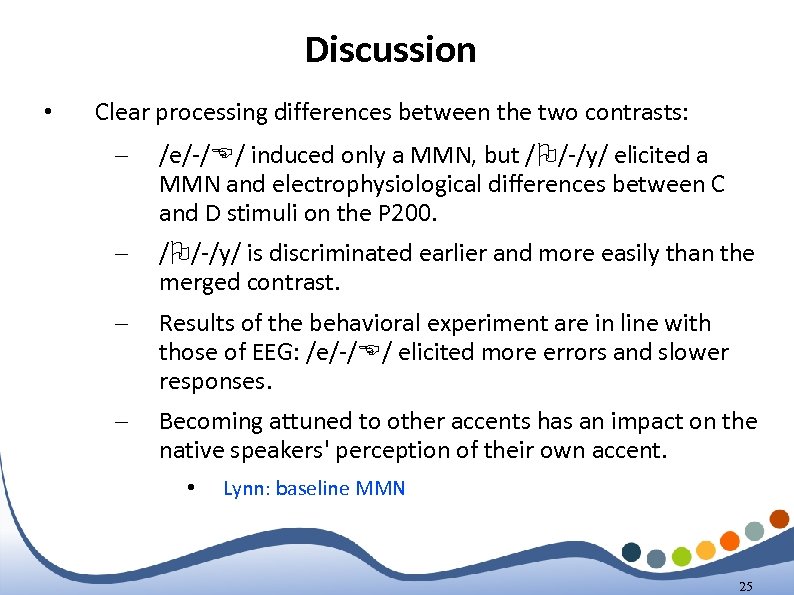 Discussion • Clear processing differences between the two contrasts: – /e/-/ / induced only