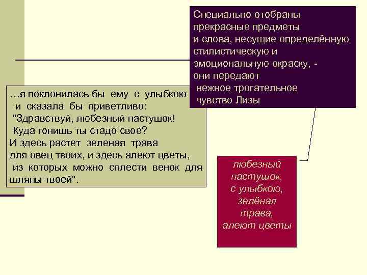 Специально отобраны прекрасные предметы и слова, несущие определённую стилистическую и эмоциональную окраску, они передают