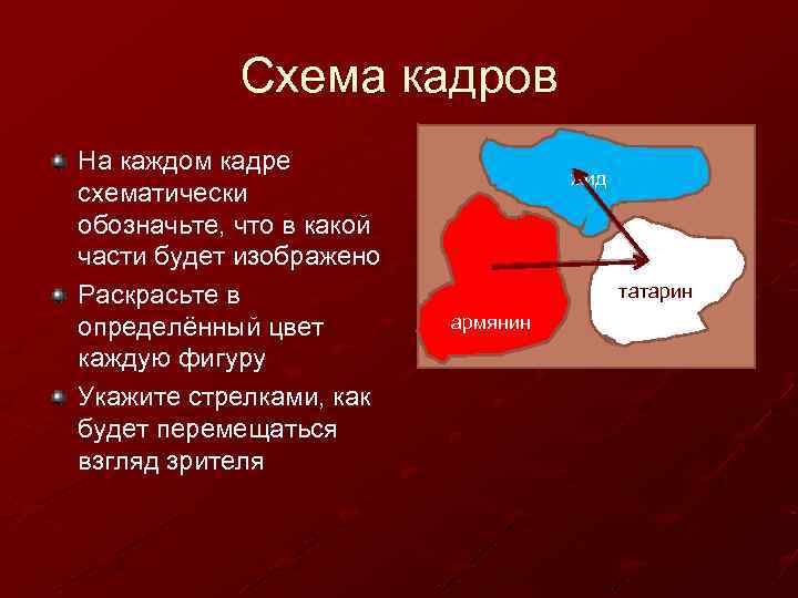 Схема кадров На каждом кадре схематически обозначьте, что в какой части будет изображено Раскрасьте