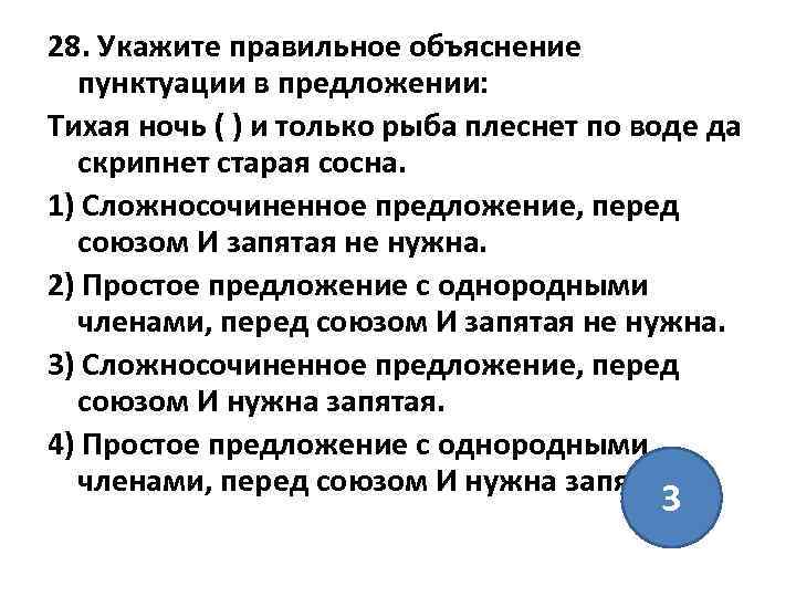 28. Укажите правильное объяснение пунктуации в предложении: Тихая ночь ( ) и только рыба