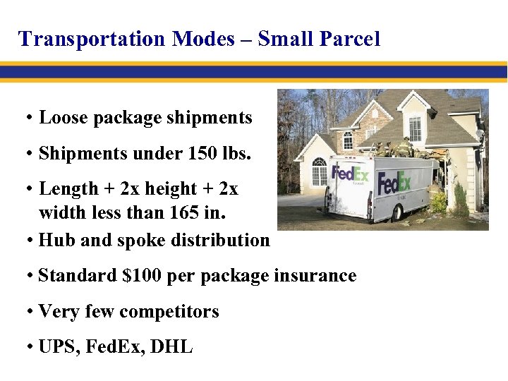 Transportation Modes – Small Parcel • Loose package shipments • Shipments under 150 lbs.