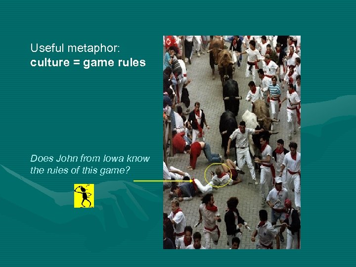 Useful metaphor: culture = game rules Does John from Iowa know the rules of