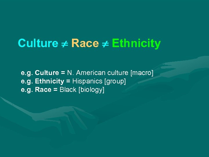 Culture Race Ethnicity e. g. Culture = N. American culture [macro] e. g. Ethnicity