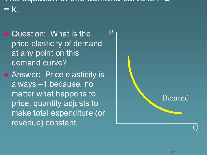 The equation of this demand curve is PQ = k. P Question: What is