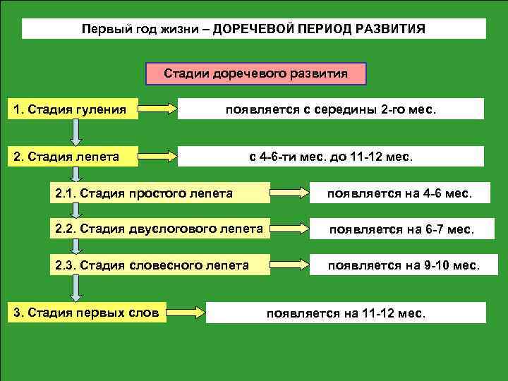 Первый год жизни – ДОРЕЧЕВОЙ ПЕРИОД РАЗВИТИЯ Стадии доречевого развития 1. Стадия гуления появляется