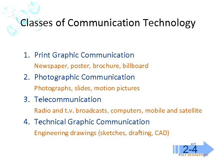 Classes of Communication Technology 1. Print Graphic Communication Newspaper, poster, brochure, billboard 2. Photographic