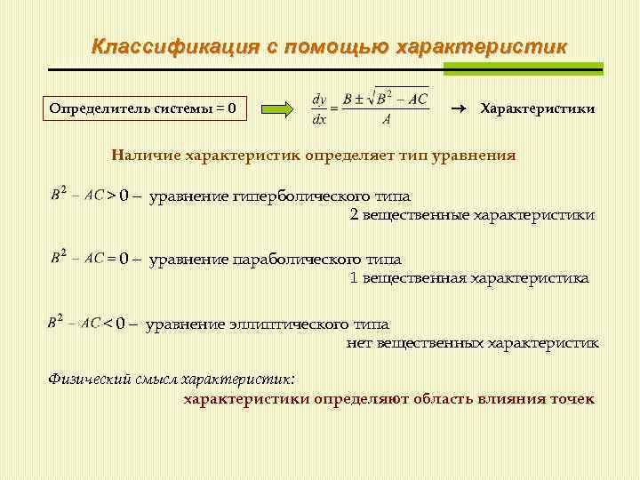 Классификация с помощью характеристик Определитель системы = 0 Характеристики Наличие характеристик определяет тип уравнения