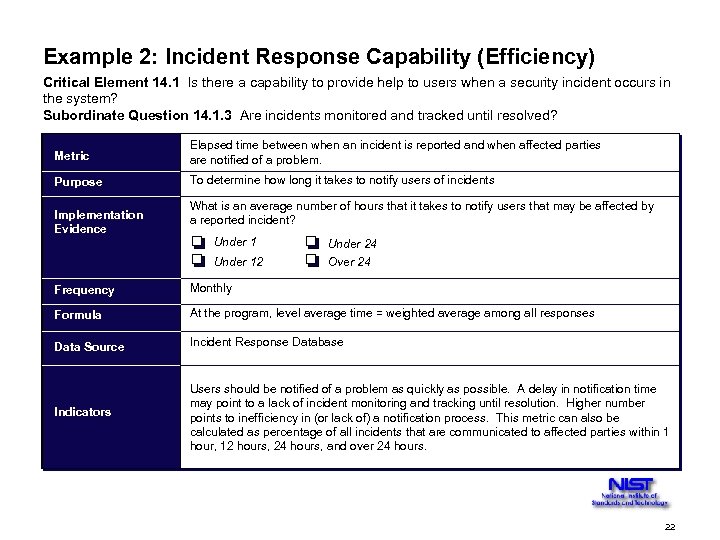 Example 2: Incident Response Capability (Efficiency) Critical Element 14. 1 Is there a capability