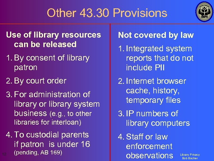 Other 43. 30 Provisions Use of library resources can be released 1. By consent