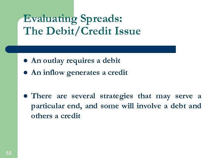 Evaluating Spreads: The Debit/Credit Issue l l l 55 An outlay requires a debit