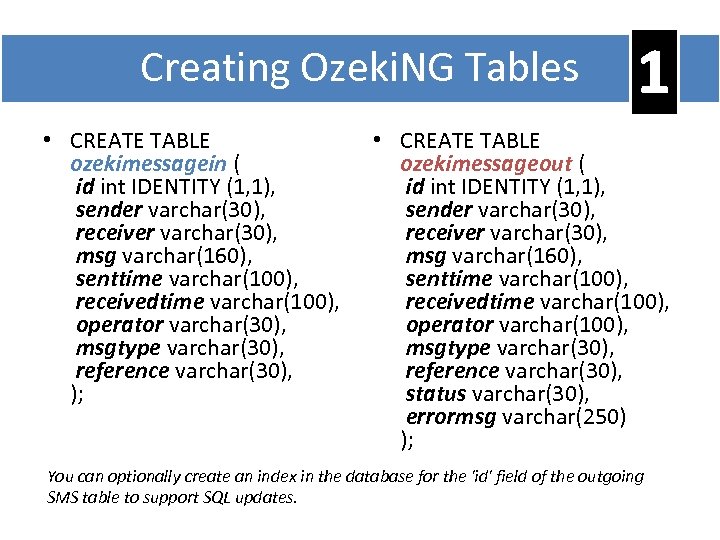 Creating Ozeki. NG Tables • CREATE TABLE ozekimessagein ( id int IDENTITY (1, 1),