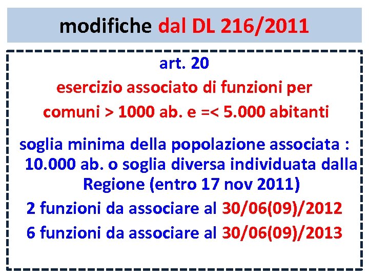 modifiche dal DL 216/2011 art. 20 esercizio associato di funzioni per comuni > 1000