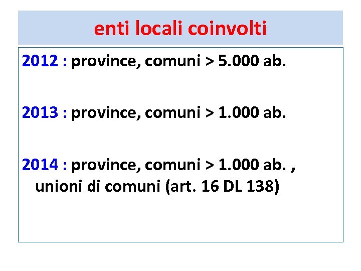 enti locali coinvolti 2012 : province, comuni > 5. 000 ab. 2013 : province,