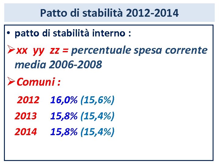 Patto di stabilità 2012 -2014 • patto di stabilità interno : Øxx yy zz