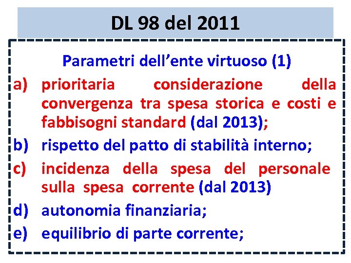 DL 98 del 2011 a) b) c) d) e) Parametri dell’ente virtuoso (1) prioritaria