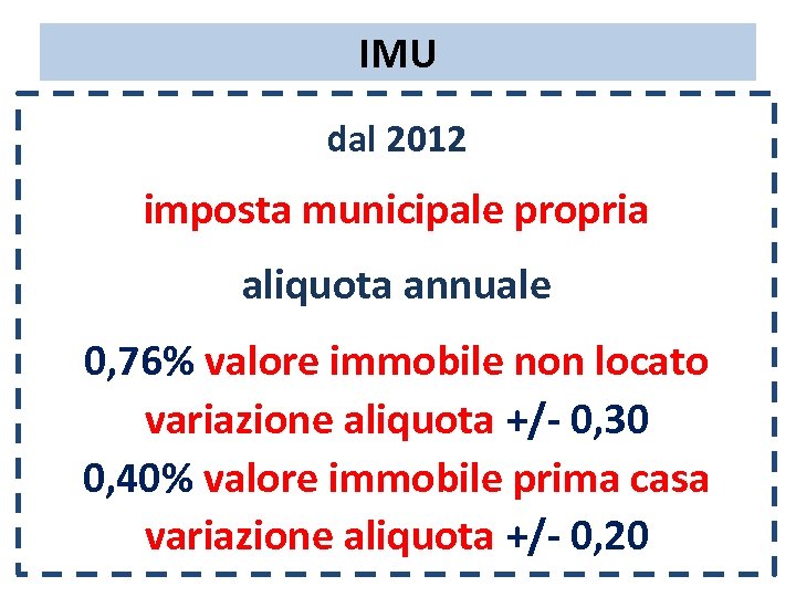IMU dal 2012 imposta municipale propria aliquota annuale 0, 76% valore immobile non locato