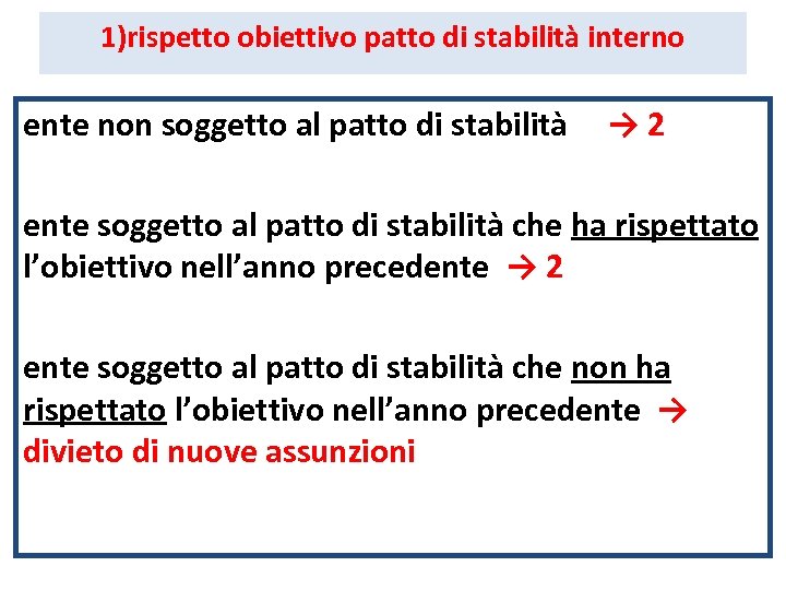 1)rispetto obiettivo patto di stabilità interno ente non soggetto al patto di stabilità →