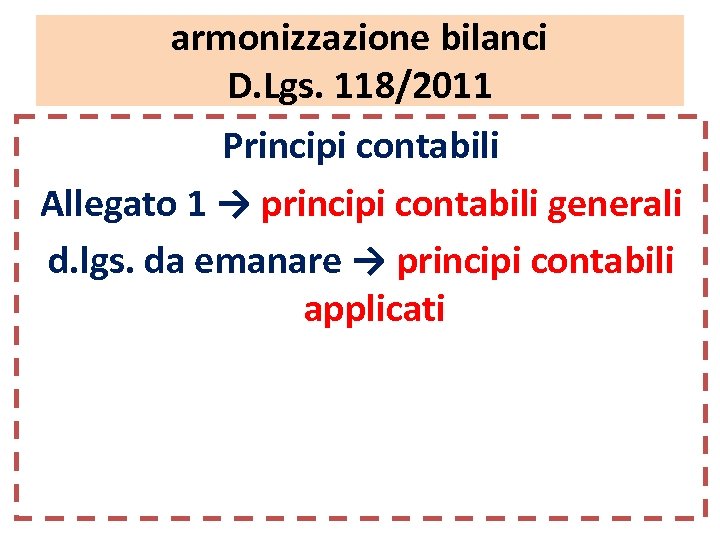 armonizzazione bilanci D. Lgs. 118/2011 Principi contabili Allegato 1 → principi contabili generali d.