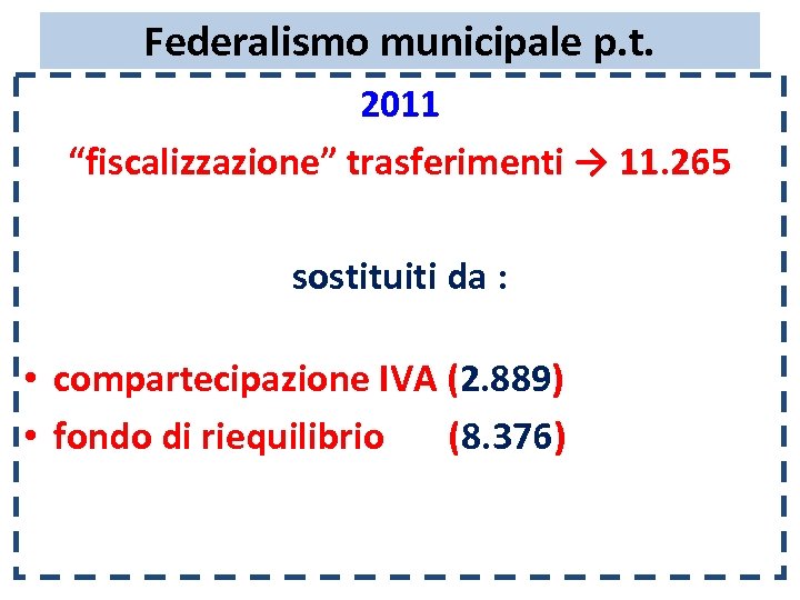 Federalismo municipale p. t. 2011 “fiscalizzazione” trasferimenti → 11. 265 sostituiti da : •