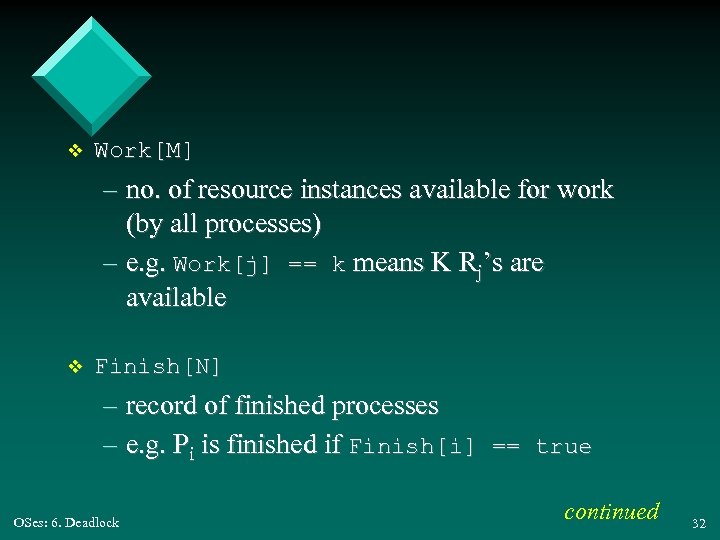 v Work[M] – no. of resource instances available for work (by all processes) –
