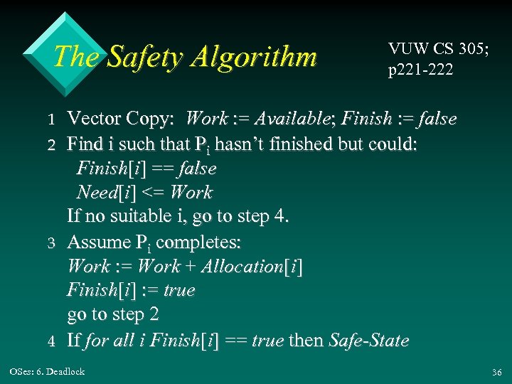 The Safety Algorithm 1 2 3 4 VUW CS 305; p 221 -222 Vector