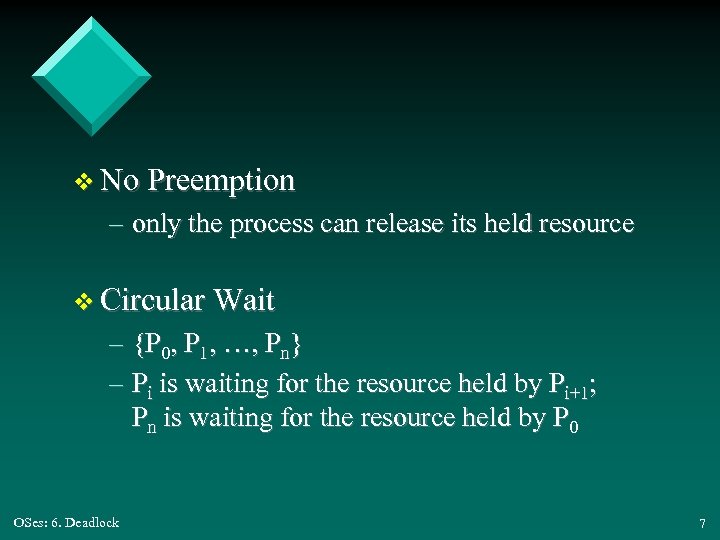 v No Preemption – only the process can release its held resource v Circular