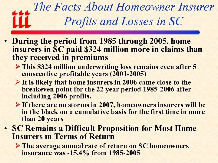 The Facts About Homeowner Insurer Profits and Losses in SC • During the period