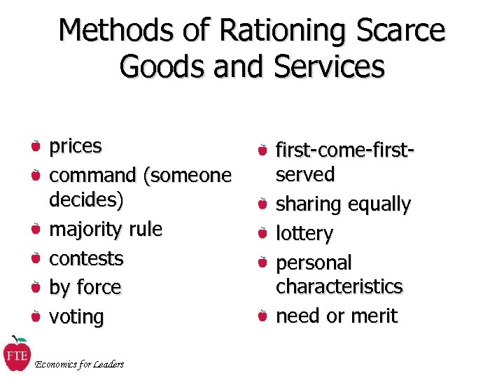 Methods of Rationing Scarce Goods and Services prices command (someone decides) majority rule contests