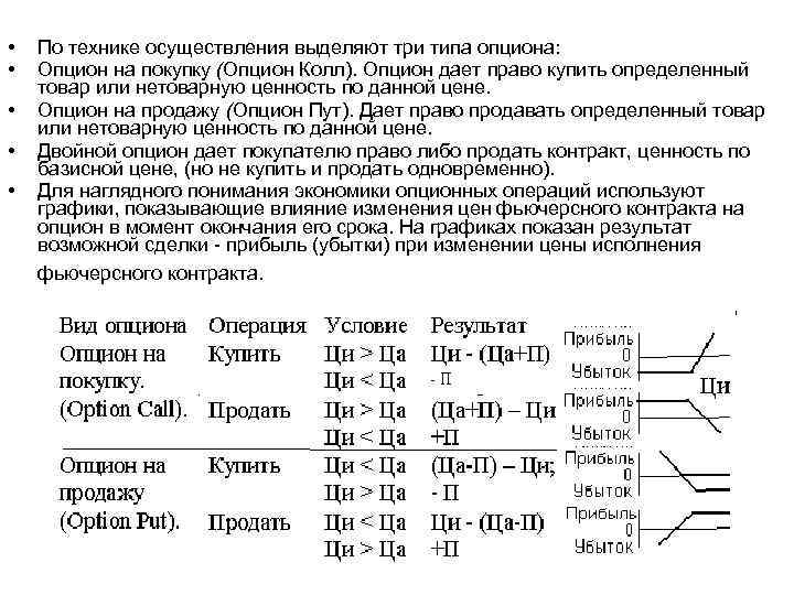  • • • По технике осуществления выделяют три типа опциона: Опцион на покупку