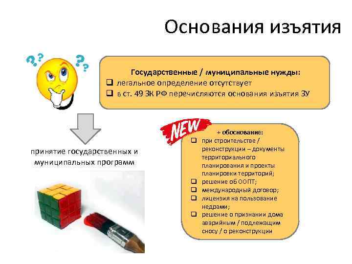 Основания изъятия Государственные / муниципальные нужды: q легальное определение отсутствует q в ст. 49