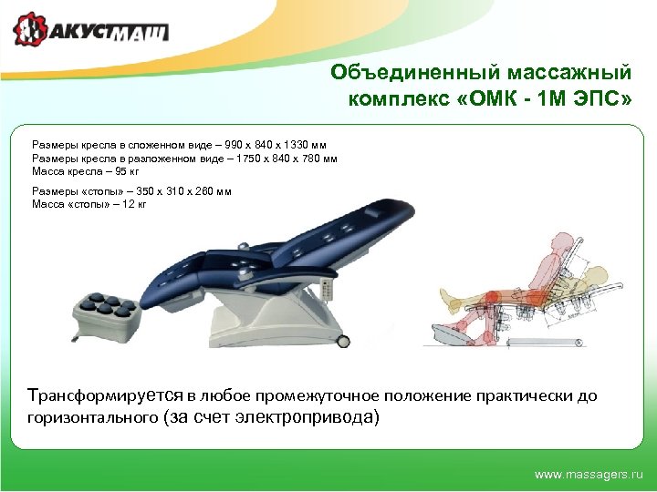 Объединенный массажный комплекс «ОМК - 1 М ЭПС» Размеры кресла в сложенном виде –