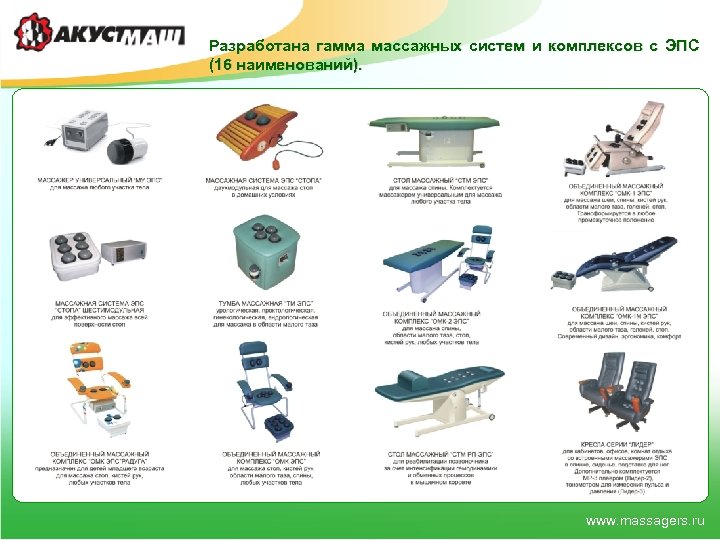 Разработана гамма массажных систем и комплексов с ЭПС (16 наименований). www. massagers. ru 