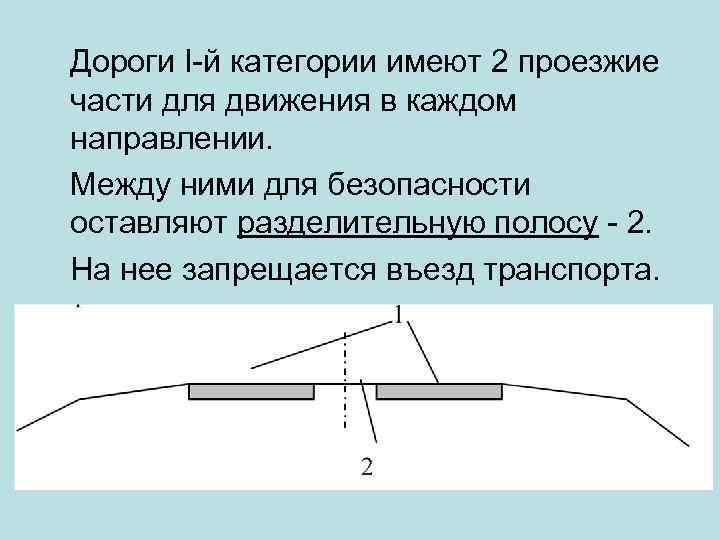 Дороги I-й категории имеют 2 проезжие части для движения в каждом направлении. Между ними