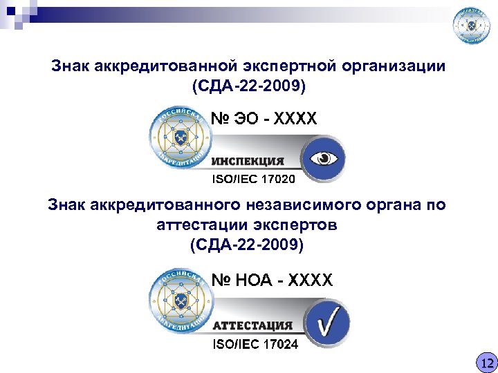 Знак аккредитованной экспертной организации (СДА-22 -2009) Знак аккредитованного независимого органа по аттестации экспертов (СДА-22