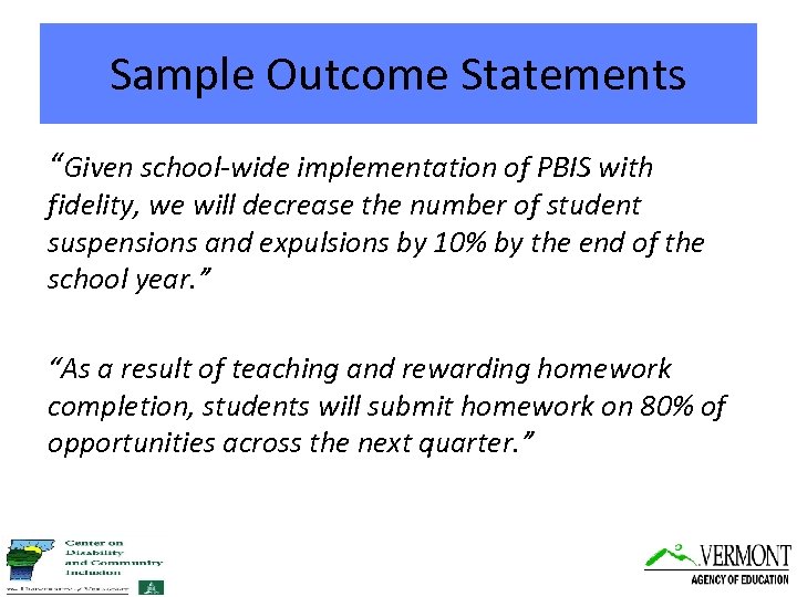 Sample Outcome Statements “Given school-wide implementation of PBIS with fidelity, we will decrease the