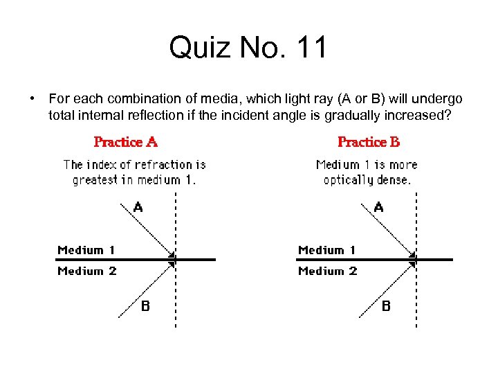 Quiz No. 11 • For each combination of media, which light ray (A or