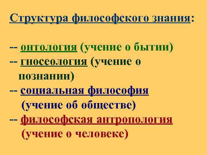 Структура философского знания: -- онтология (учение о бытии) -- гносеология (учение о познании) --