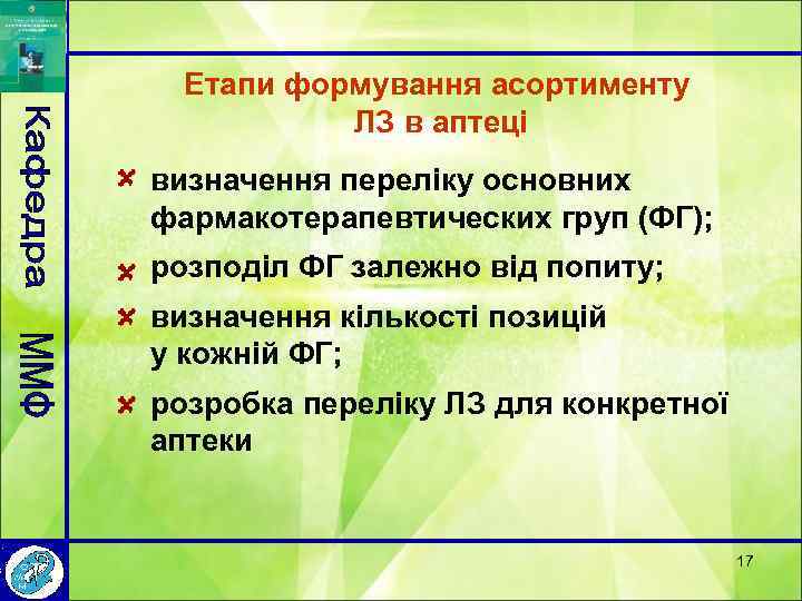 Етапи формування асортименту ЛЗ в аптеці визначення переліку основних фармакотерапевтических груп (ФГ); розподіл ФГ
