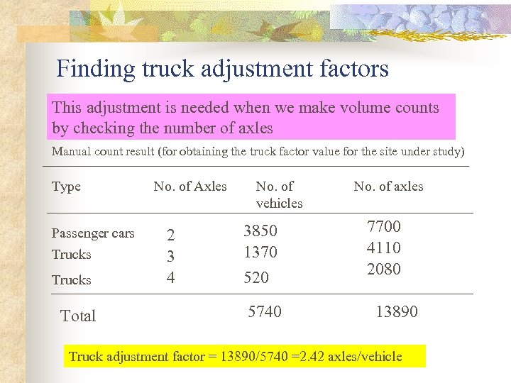Finding truck adjustment factors This adjustment is needed when we make volume counts by