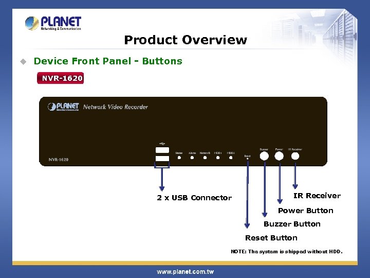 Product Overview u Device Front Panel - Buttons NVR-1620 2 x USB Connector IR